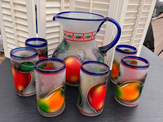 Mexican Hand Blown, hand painted pitcher and glass set