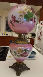 Antique Gone With The Wind Fluid Oil Lamp, Hand Painted In Original Co