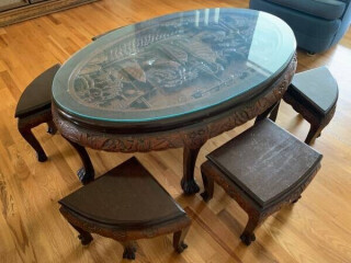 Hand Carved Asian Table & Stools