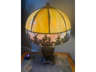 Antique lamp with windmill theme shade